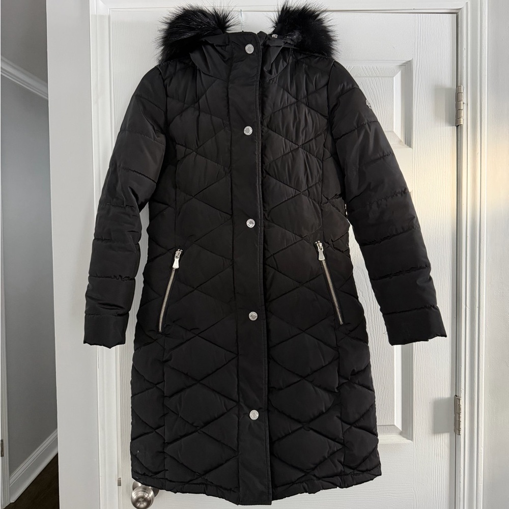 Calvin Klein Black Puffer Coat with Faux Fur Hood w/silver hardware.